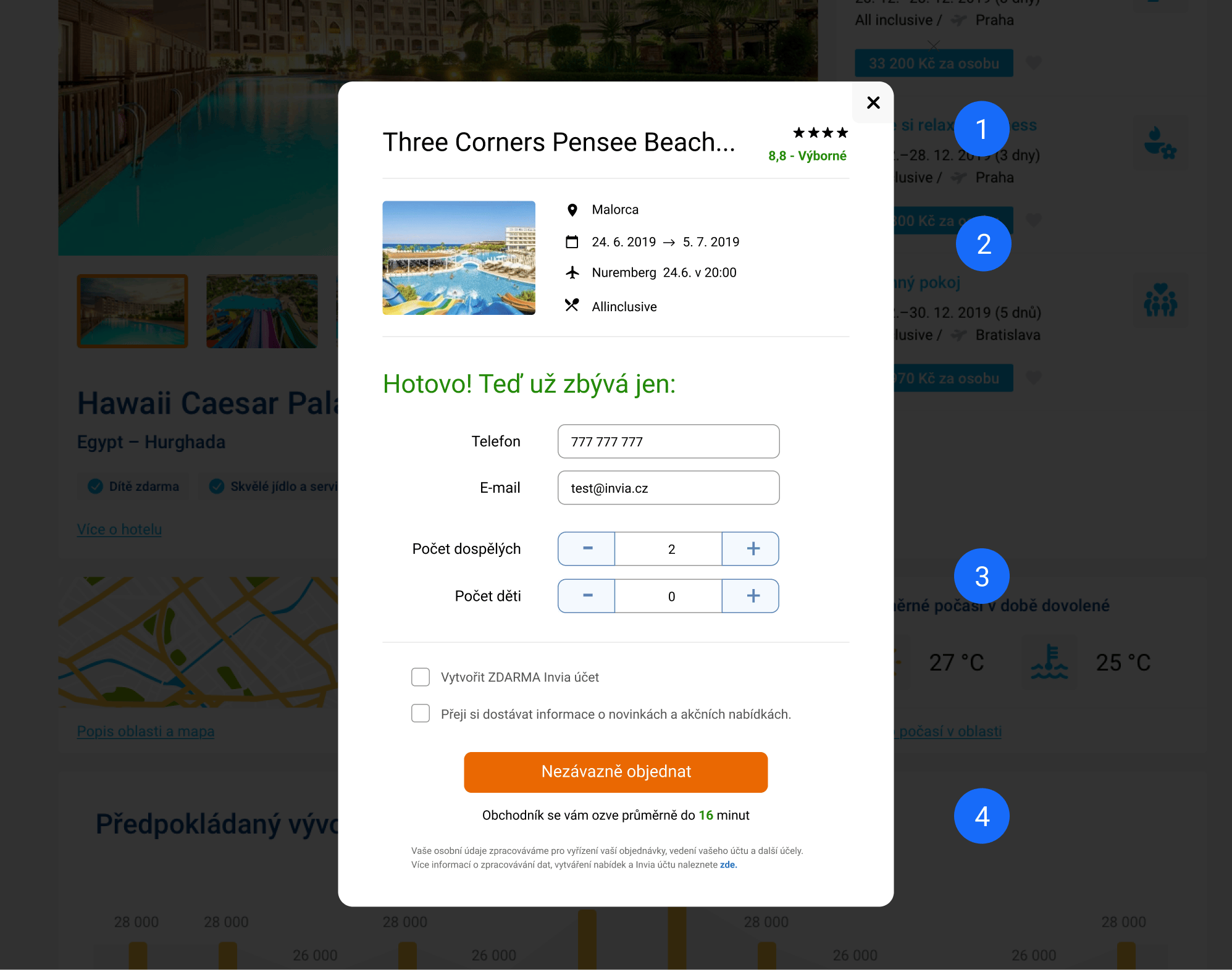 Redesigned Invia quick order modal with numbered improvements